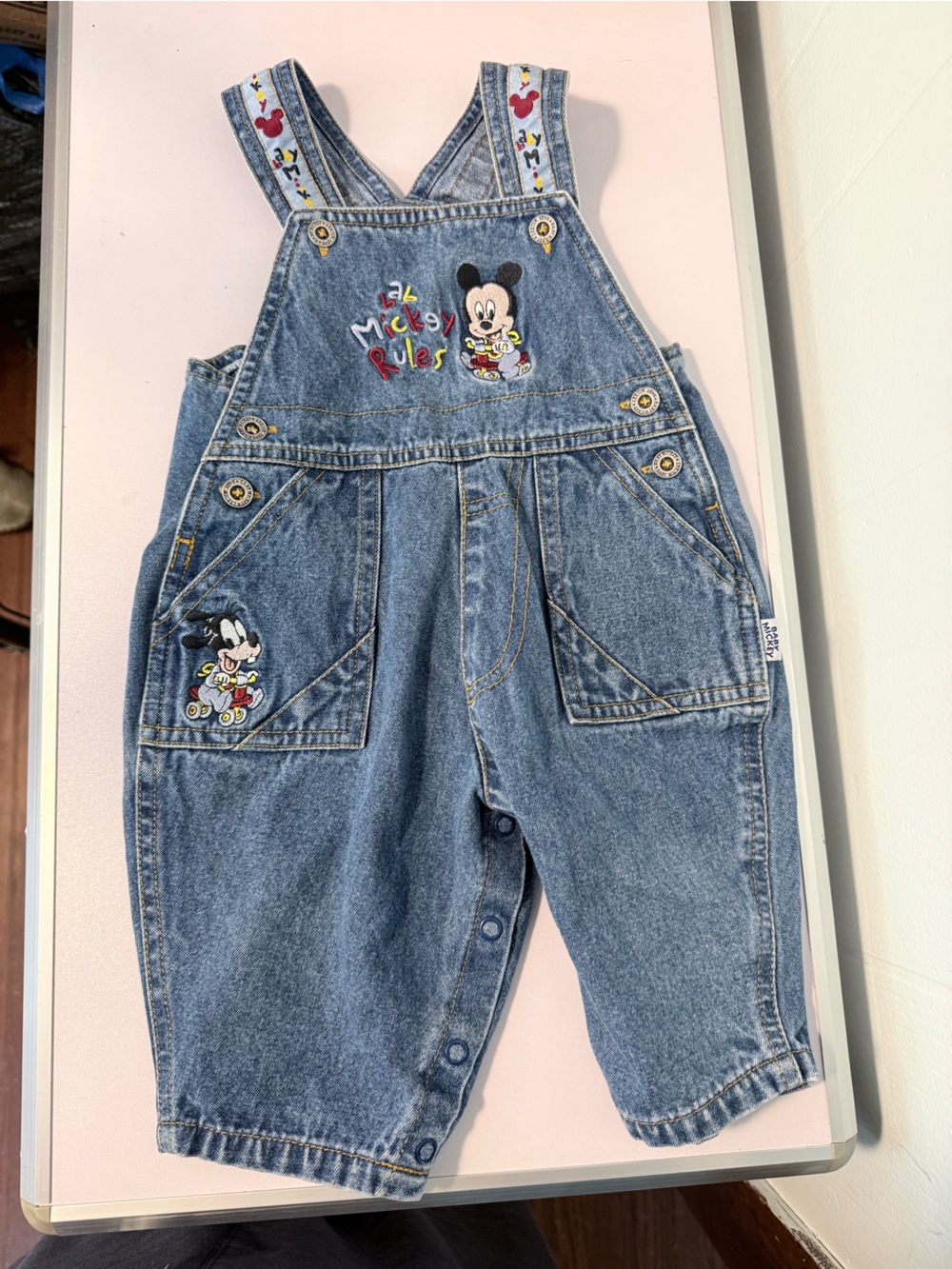 Vintage Disney Baby Mickey Mouse Rules Denim Overalls [Size 6-9 mths] -90s Retro